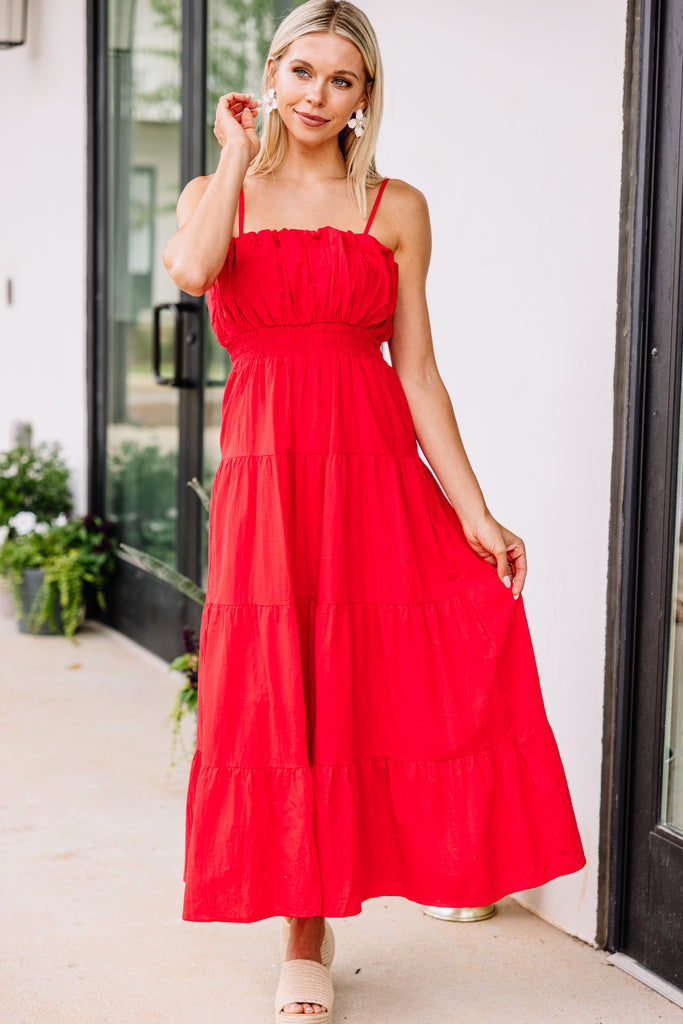 Cute Tomato Red Midi Dress - Trendy ...